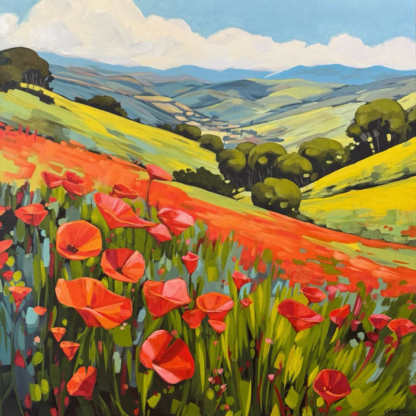 California Poppies — acrylic painting of a red poppy field above rolling green hills